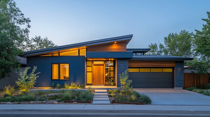 Fototapeta premium Elegant nighttime scene of a modern dobble-story residence with a sleek blue exterior, wooden accents and a slate entrance door, softly illuminated