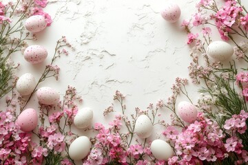 Minimalist Easter Eggs Framed by Delicate Pink Flowers on a Soft White Background for Chinese New Year Celebrations and Spring Inspiration