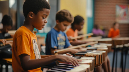 Learning to play musical instruments in a classroom setting with enthusiastic young students engaged in an educational activity