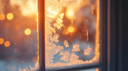 Frosted windowpane glowing under the amber hues of a chilly winter morning as faint bokeh lights shimmer in the background