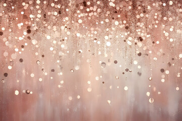 Fototapeta premium Glittering rose gold particles cascading gently on a muted blush pink and beige backdrop