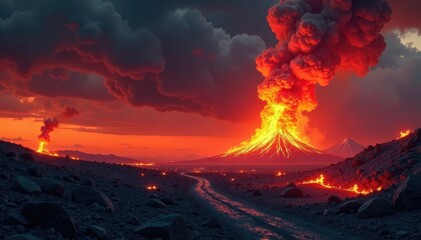 Fototapeta premium Infernal flames engulfing a desolate landscape, destruction, fiery eruption