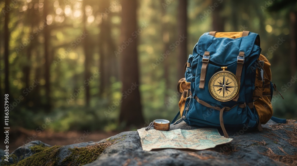 Aufkleber Exploring nature with a backpack, compass, and map resting on a stone in a serene forest setting. Generative AI