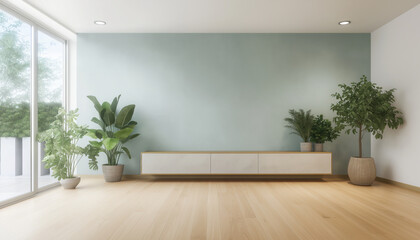 Fototapeta premium Modern Interior with Wooden Floor, Potted Plants, Minimal Furniture, and Large Window Allowing Natural Light