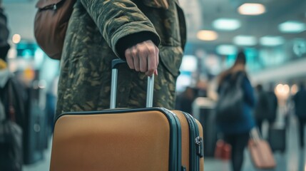Naklejka premium Traveler's Departure: A close-up shot focuses on a person's hand gripping the handle of a tan carry-on suitcase in a bustling airport terminal.