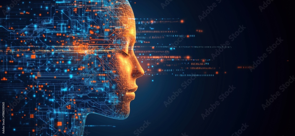 Poster artificial intelligence profile silhouette with digital circuitry and data streams representing tech