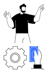 Confident man gestures upward while a cogwheel and hand holding blue money below symbolize teamwork, finance, decision-making, and business flow. Ideal for innovation, leadership, economics