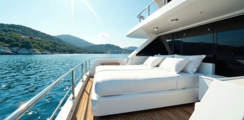 Large white yacht on a harbor with a deck bed, yacht, bed, nautical