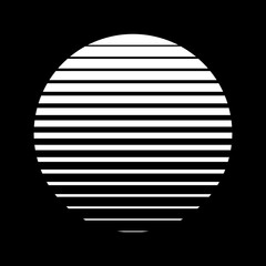 Retro sun sunset in style of 80s, 90s. White sun with striped gradient lines isolated on black. Abstract vintage futuristic vector illustration for cyberpunk, disco, music party, games.