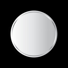 Silver round medal. Platinum metal coin. Second place award frame isolated on black background. Winners trophy. Blank shiny badge, label. Realistic vector illustration.