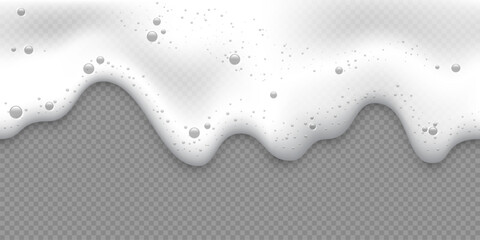 White foam background. Foam of beer or fizzy drink, suds of shampoo, detergent, cleaning gel with bubbles. Vector realistic illustration isolated on transparent background.