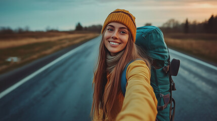 Selfie of a traveling smiling woman hitchhiking on a empty road