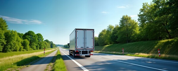 White haulage vehicle travels on highway. Green trees, grassy areas line road. Bright sunlight illuminates scene suggesting summer day. Empty space around vehicle provides excellent backdrop for