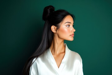 Fototapeta premium A serene woman with long dark hair in a sleek bun, wearing a white silk blouse, standing against a deep emerald green background