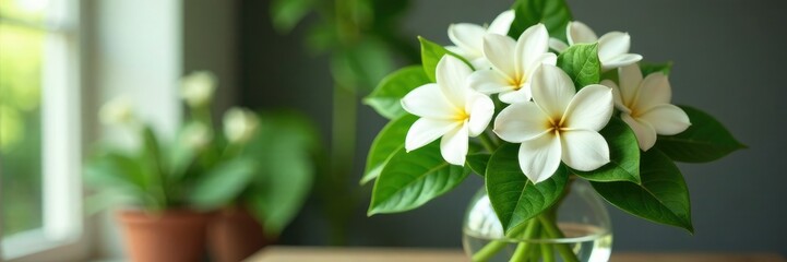 Obraz premium lush greenery and white gardenias in a vase filled with water, seasonal, fresh, flowers
