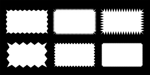 White rectangular shapes with jagged borders. Frames with zigzag, sharp, corrugated and curved edges. Vector illustration set isolated on black for stickers, tags, labels, stamps, badges.