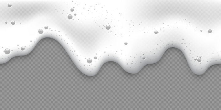 White foam background. Foam of beer or fizzy drink, suds of shampoo, detergent, cleaning gel with bubbles. Vector realistic illustration isolated on transparent background.
