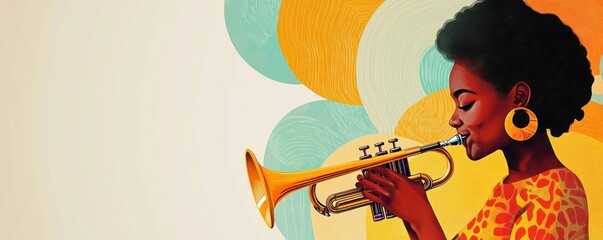 Artistic portrayal of a woman playing a trumpet with vibrant colors