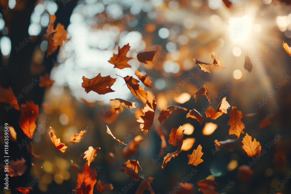 Poster vibrant autumn leaves swirl in sunlight as they fall gently in a serene forest setting. generative a
