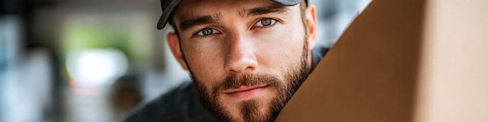 Obraz premium Close-up Portrait of Bearded Man Partially Hidden by Cardboard