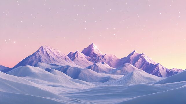 Snow-covered mountain peaks reflecting pale lavender hues under an expansive twilight sky filled with scattered stars - Powered by Adobe