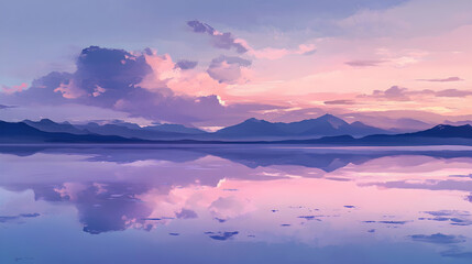 Fototapeta premium Soft lilac clouds reflecting off a tranquil desert salt flat at sunrise, with faint distant mountain silhouettes