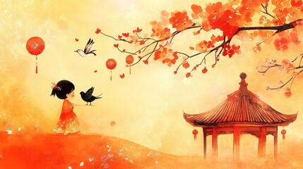 A girl in red offers a bird beneath blossoming branches