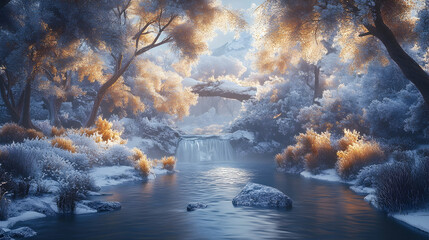 Sparkling frost-covered branches arching over a tranquil river flowing gently through a snow-laden forest