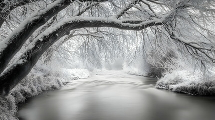 Fototapeta premium Sparkling frost-covered branches arching over a tranquil river flowing gently through a snow-laden forest