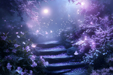 Subtle lavender shimmer with glowing bokeh in a tranquil garden, blooming flowers and soft moonlight filling the space