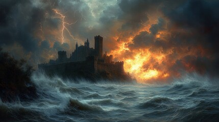 Fototapeta premium Stormy sea, fiery sky, castle on cliff.