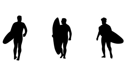 Surfers silhouettes with boards, ready for the waves.  Vector illustration, perfect for summer designs.