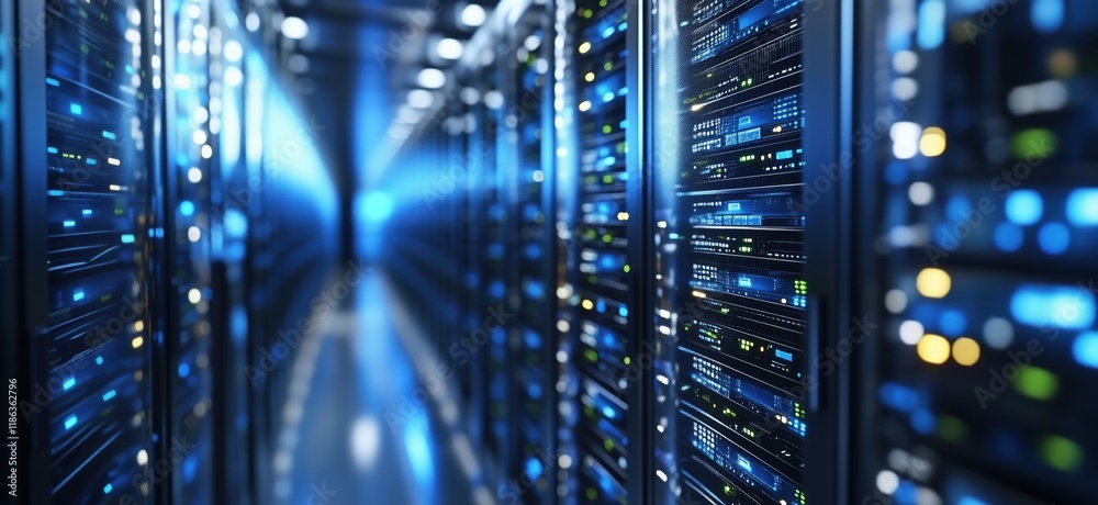 Poster data center with rows of servers illuminated by blue and green lights, showcasing advanced technolog