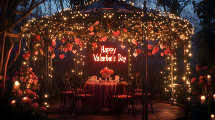 Fototapeta premium Valentine's tea party in a vintage gazebo adorned with roses, hanging fairy lights and 