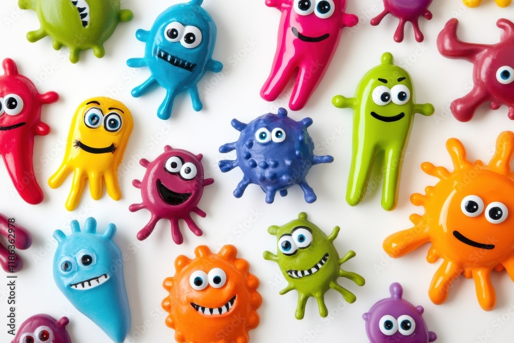 Poster Cheerful colorful microbes with smiling faces in a playful arrangement on a bright background. Generative AI