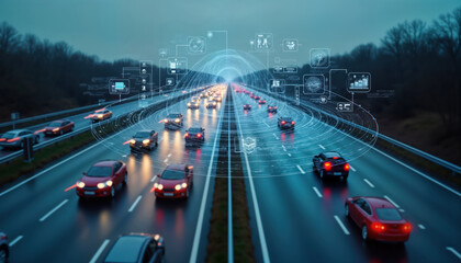 Highway at night with cars moving. Modern tech systems monitor traffic, driving behavior. AI, blockchain tech support road safety. Network 5G signals, CCTV cameras show intelligent systems. Fast