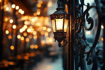 Warm bronze shimmer with hazy bokeh in a historic European bistro, intricate ironwork and flickering lanterns creating atmosphere