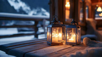 Warm candlelight flickering through frosted glass lanterns on a rustic wooden table in a snow-covered alpine cabin