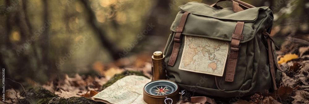Aufkleber Exploring the wilderness with a backpack, compass, and map in a serene forest setting during autumn. Generative AI