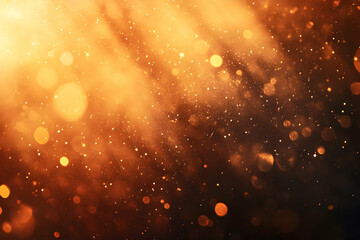 Warm golden beams of light breaking through shimmering dust clouds on a deep sunset orange background