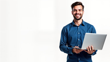 Smiling man holds laptop. Business person holds tech device. Modern pro. Casual attire. Isolated photo. Happy worker. Work concept. Successful guy. Work from home. Modern image. Tech worker.