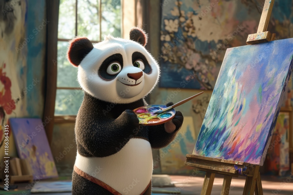 Aufkleber panda artist creates vibrant painting using brush and palette in colorful art studio. generative ai