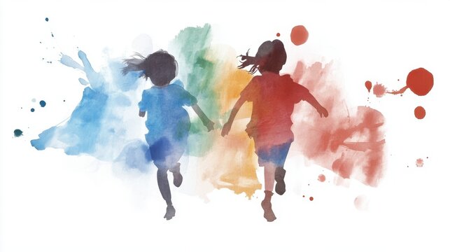 Silhouette of diverse children running with colorful watercolor splash background Simplot Games