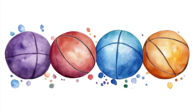 Colorful watercolor basketballs: purple, red, blue, orange on white background Simplot Games