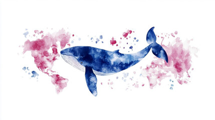 Fototapeta premium Humpback Whale Awareness Month Blue whale watercolor painting with splashes of red and pink