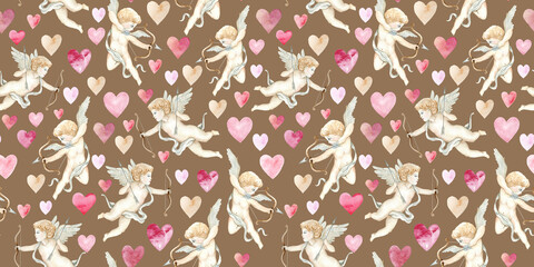 Romantic seamless watercolor watercolor pattern with arrows of cupid angels shooting arrows and delicate hearts in pastel colors. Perfect for Valentine's Day designs, gifts and cards.