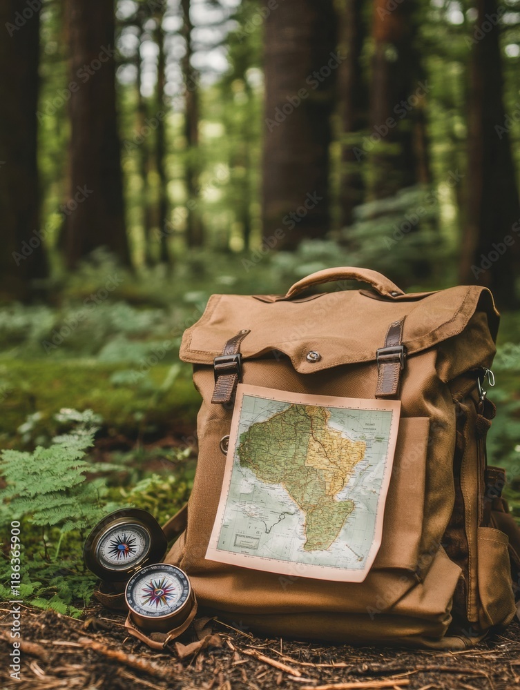 Poster exploring nature with a backpack, compass, and map in a lush forest during daylight hours. generativ