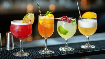 World Bartender Day Colorful array of refreshing mixed cocktails with garnishes on bar counter