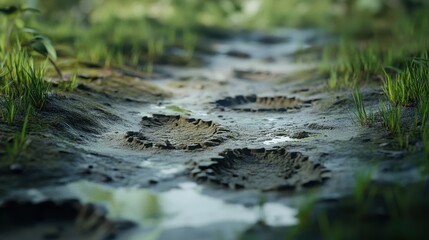 Footprints on a Muddy Path Through Lush Greenery and Water