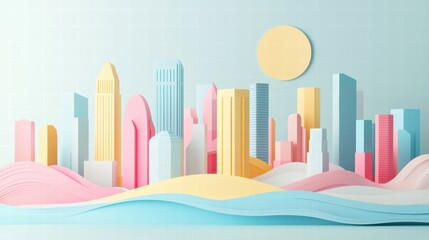Pastel paper cut cityscape with iconic architecture and tactile aesthetic